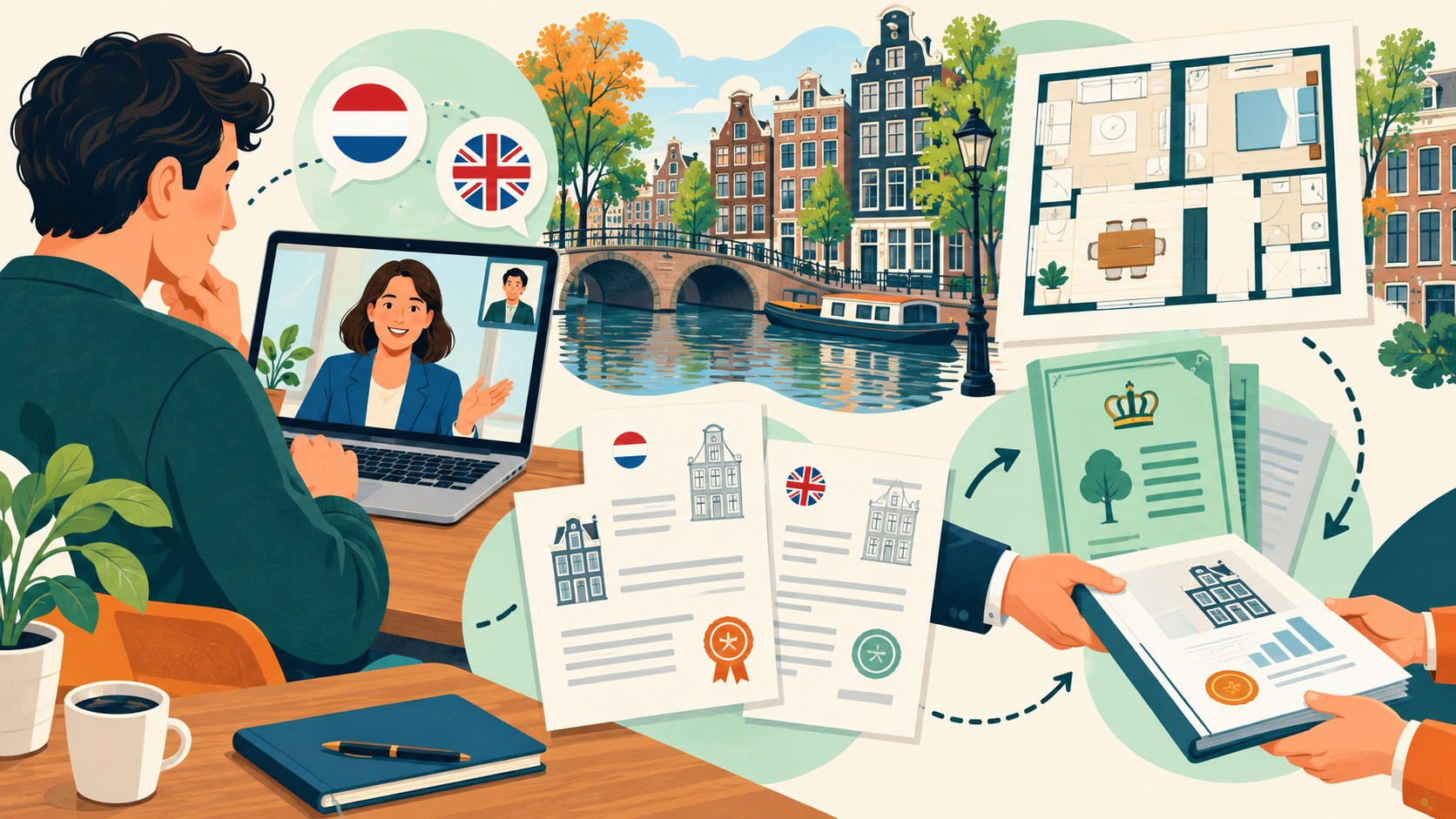 Visuele voorbereidingsvolgorde voor een internationale koper die een woningtaxatie in Amsterdam regelt