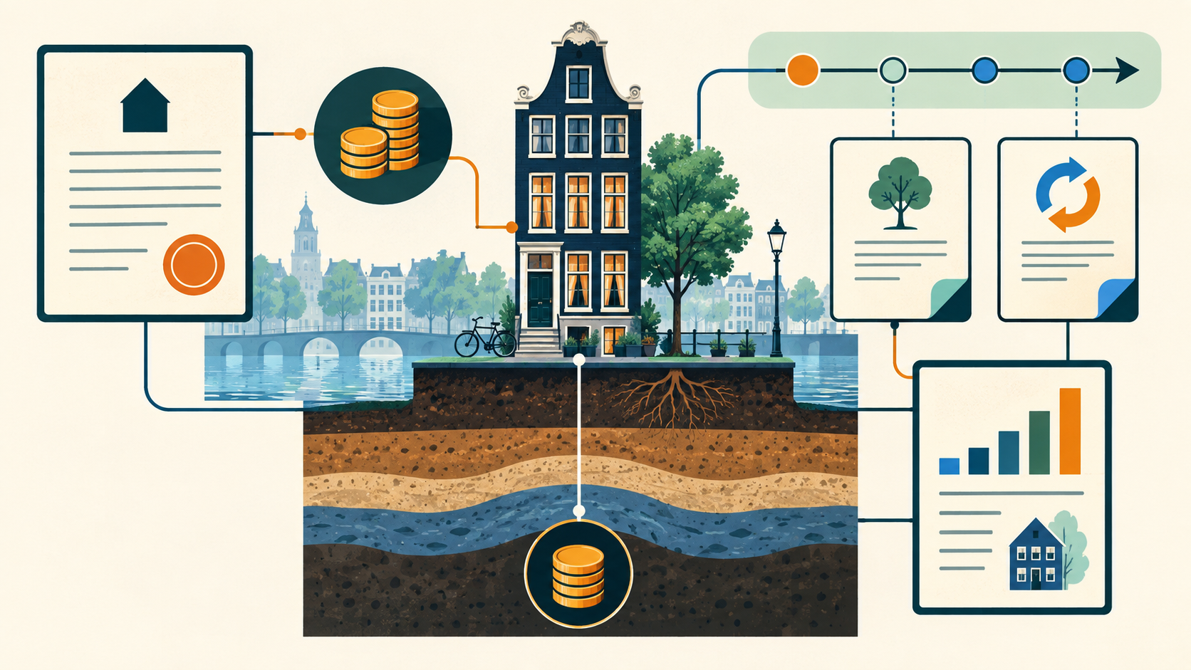 Visuele kaart die een Amsterdamse woning met erfpacht, grondgegevens en taxatierapport verbindt
