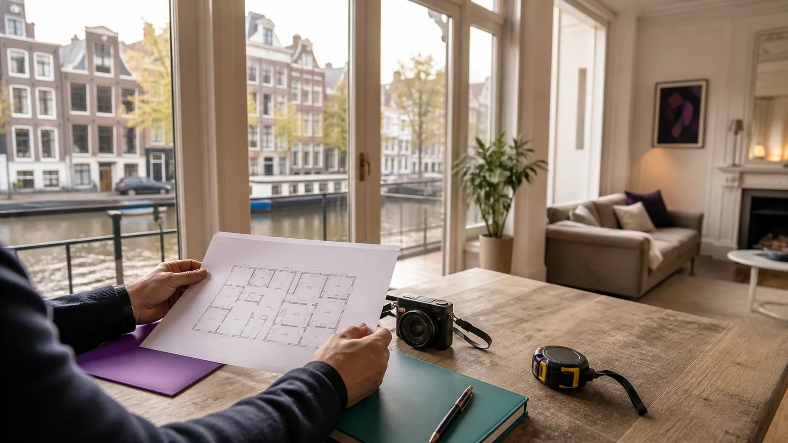 Taxateur in Amsterdam bekijkt een plattegrond in een woning aan de Amsterdamse gracht.